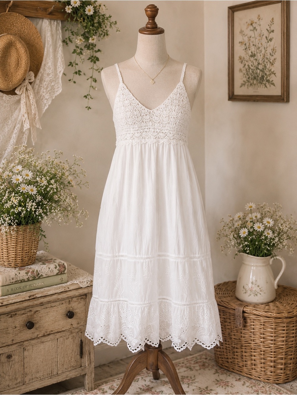 Elegant White Lace-Trim Midi Sundress with V-Neck
